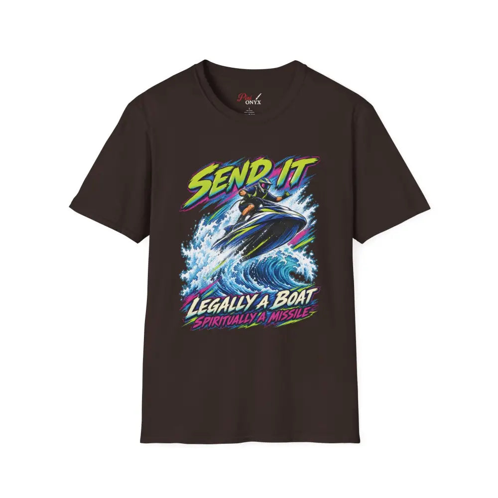 Dark brown short-sleeved unisex t-shirt with vibrant jet ski rider graphic and care instructions for low heat tumble dry