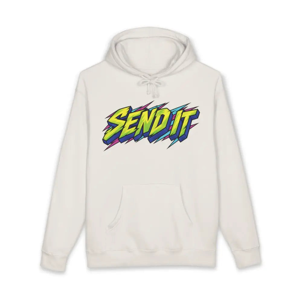 Cream-colored heavyweight hooded sweatshirt with bold multicolored send it graphic for jet ski enthusiasts