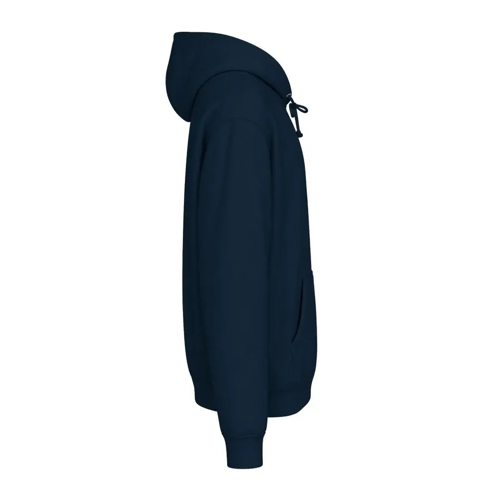 Navy blue heavyweight hooded sweatshirt brings comfort with drawstring hood and front pocket featuring jet ski graphic design