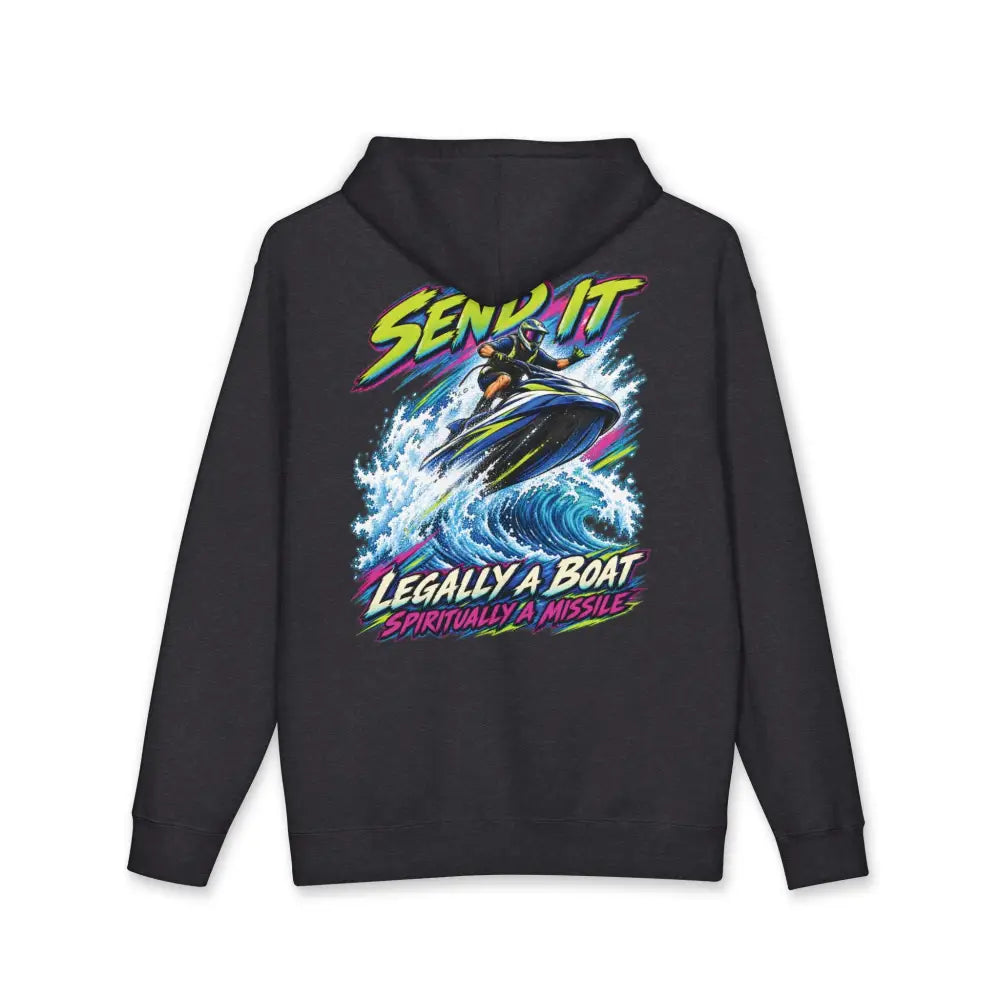 Black heavyweight hooded sweatshirt featuring retro jet ski graphic with neon text send it and legally a boat spiritually a missile