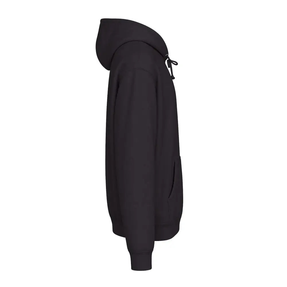 Black heavyweight hooded sweatshirt with drawstring and front pocket featuring jet ski graphic pullover design