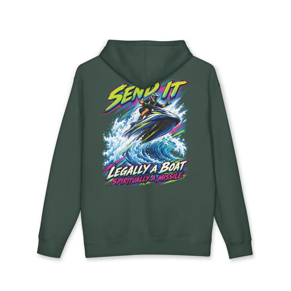 Dark green heavyweight hooded sweatshirt featuring vibrant jet ski graphic with send it and legally a boat spiritually a missile text