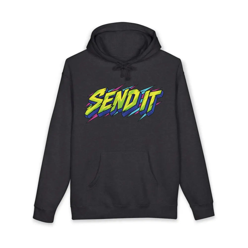 Black heavyweight hooded sweatshirt featuring vibrant send it jet ski graphic with neon yellow blue and pink lightning bolts
