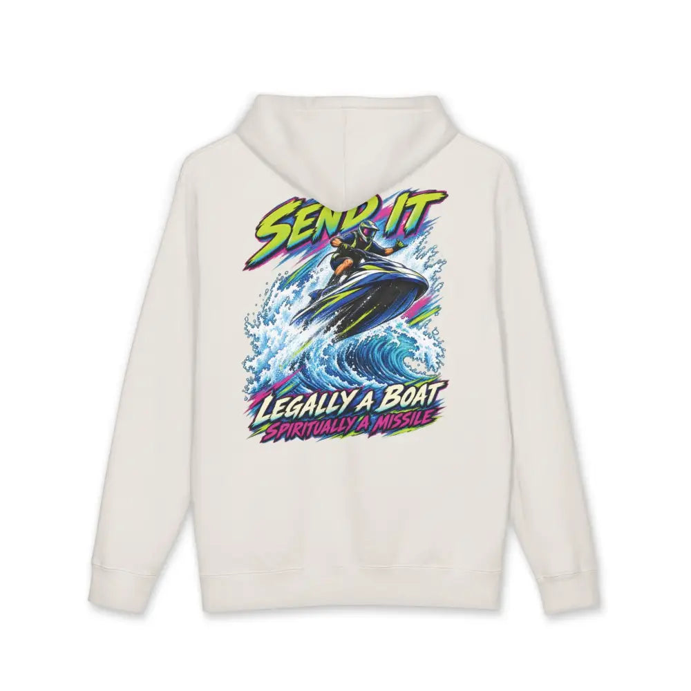 Cream-colored heavyweight hooded sweatshirt featuring a vibrant jet ski rider graphic and bold send it legally a boat spiritually a missile text