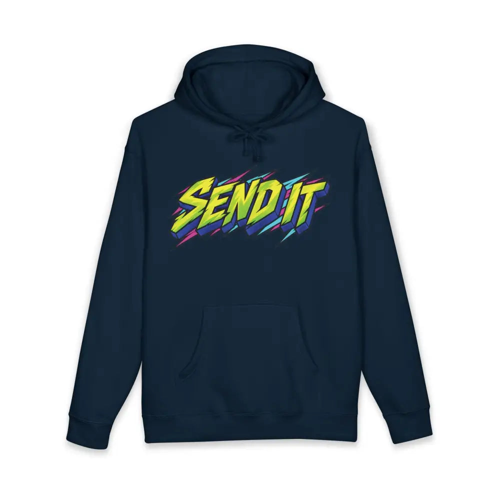 Dark blue heavyweight hooded sweatshirt featuring a vibrant multicolored send it jet ski graphic on the chest