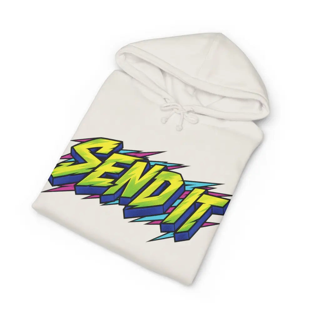 White heavyweight hooded sweatshirt featuring a bold neon green and blue send it jet ski graphic with lightning accents