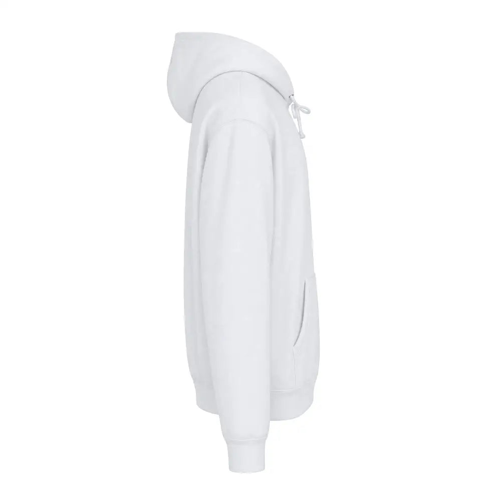 White heavyweight hooded sweatshirt with drawstring and front pocket featuring jet ski graphic pullover design
