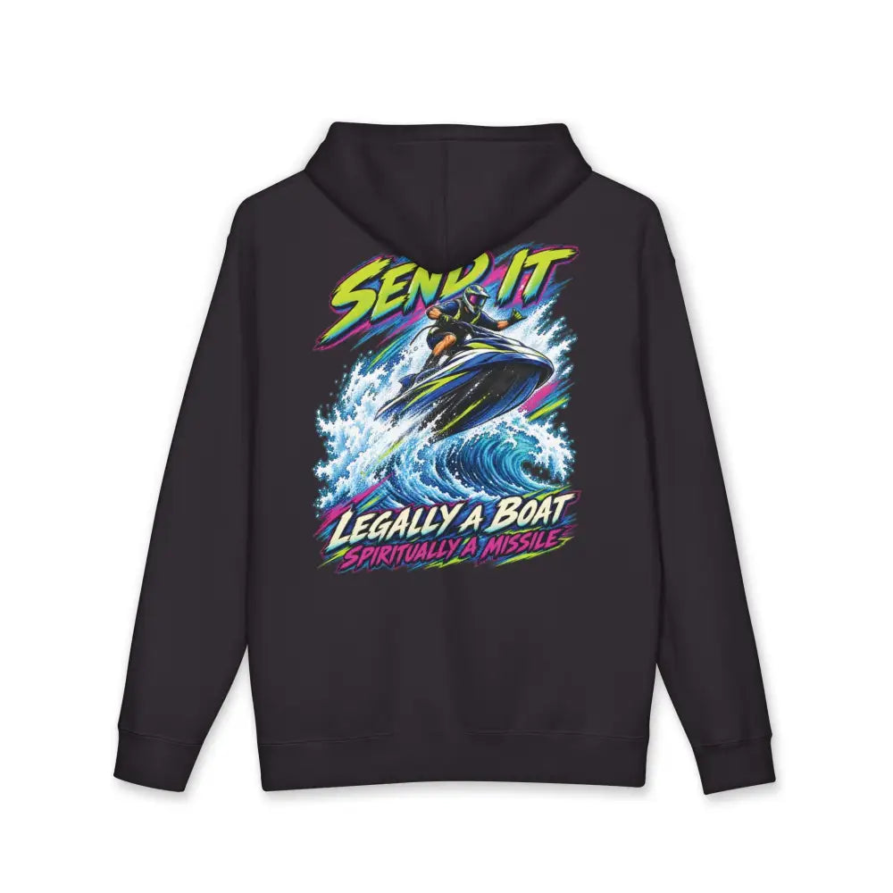 Black heavyweight hooded sweatshirt with neon jet ski graphic and text legally a boat spiritually a missile design