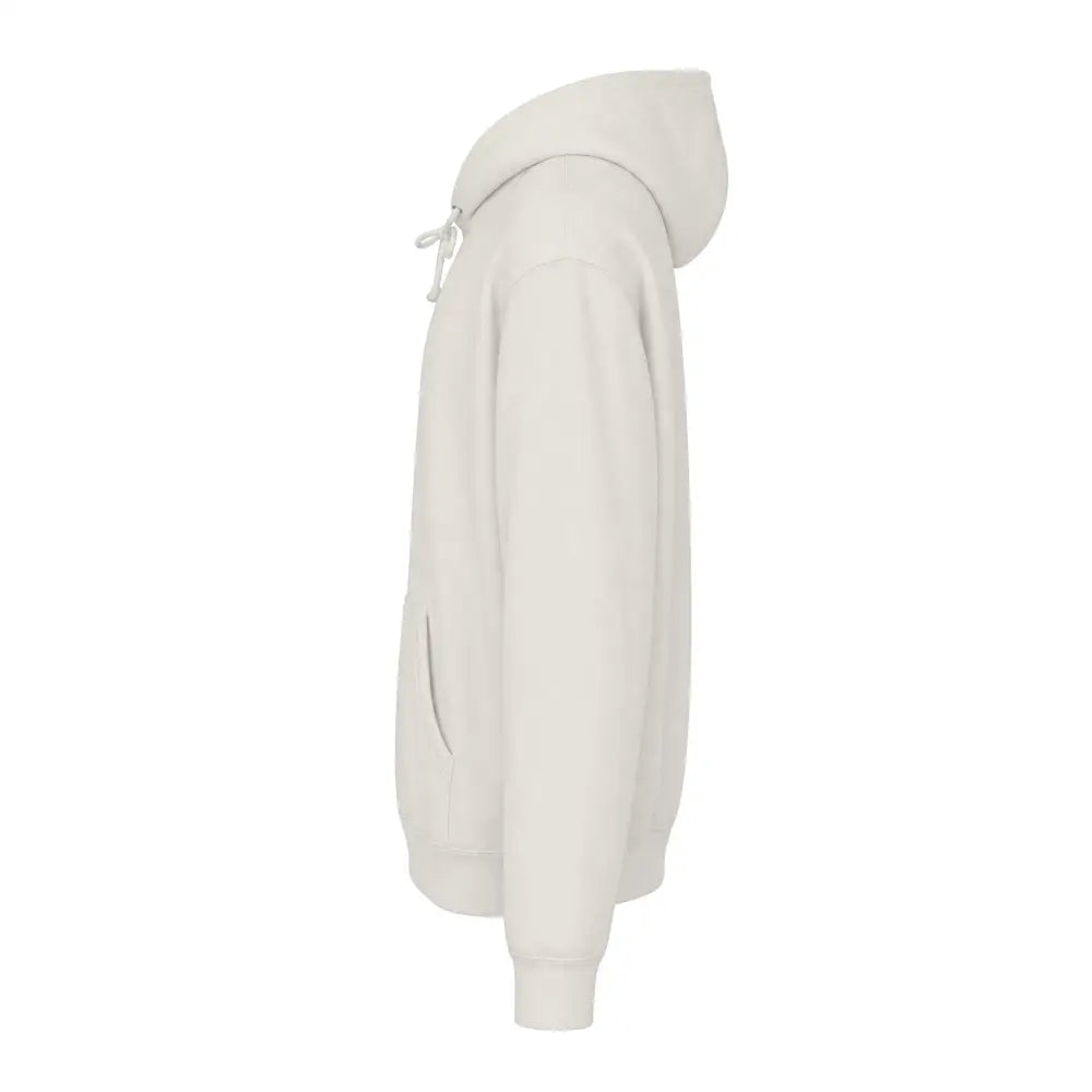 Cream-colored heavyweight hooded sweatshirt with soft textured fabric and matching drawstrings featuring jet ski graphic