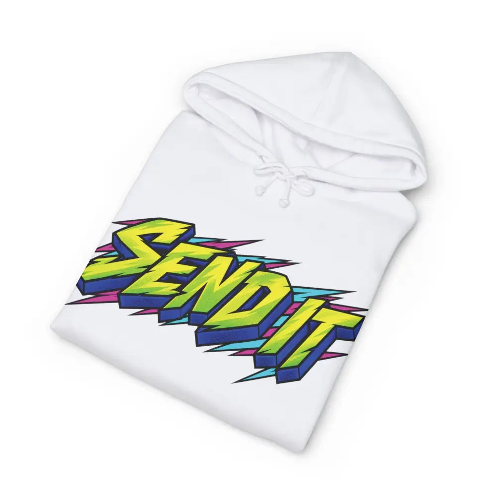 White heavyweight hooded sweatshirt with bold neon green and blue send it jet ski graphic and lightning bolt accents