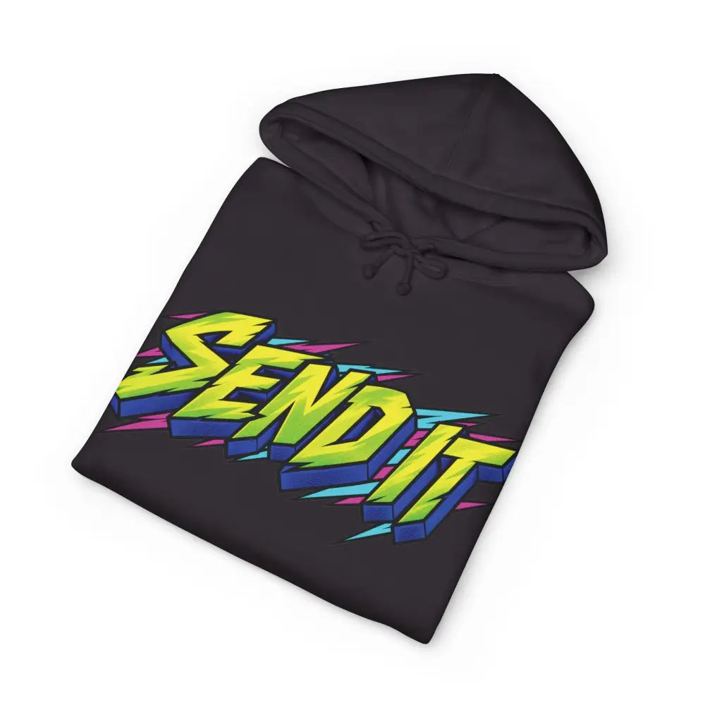 Black heavyweight hooded sweatshirt featuring bold neon green and blue send it graphic with pink and cyan lightning bolts and jet ski theme