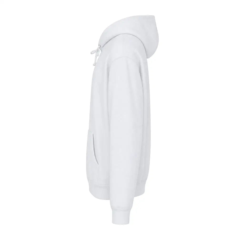 White heavyweight hooded sweatshirt with drawstrings and side pockets featuring jet ski graphic pullover design
