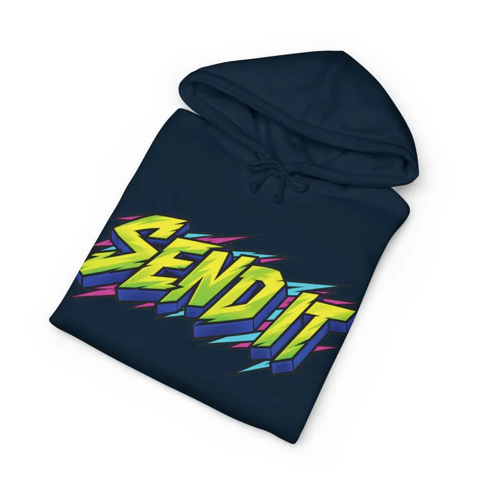 Dark navy heavyweight hooded sweatshirt featuring bold neon yellow and blue send it jet ski graphic with lightning bolts