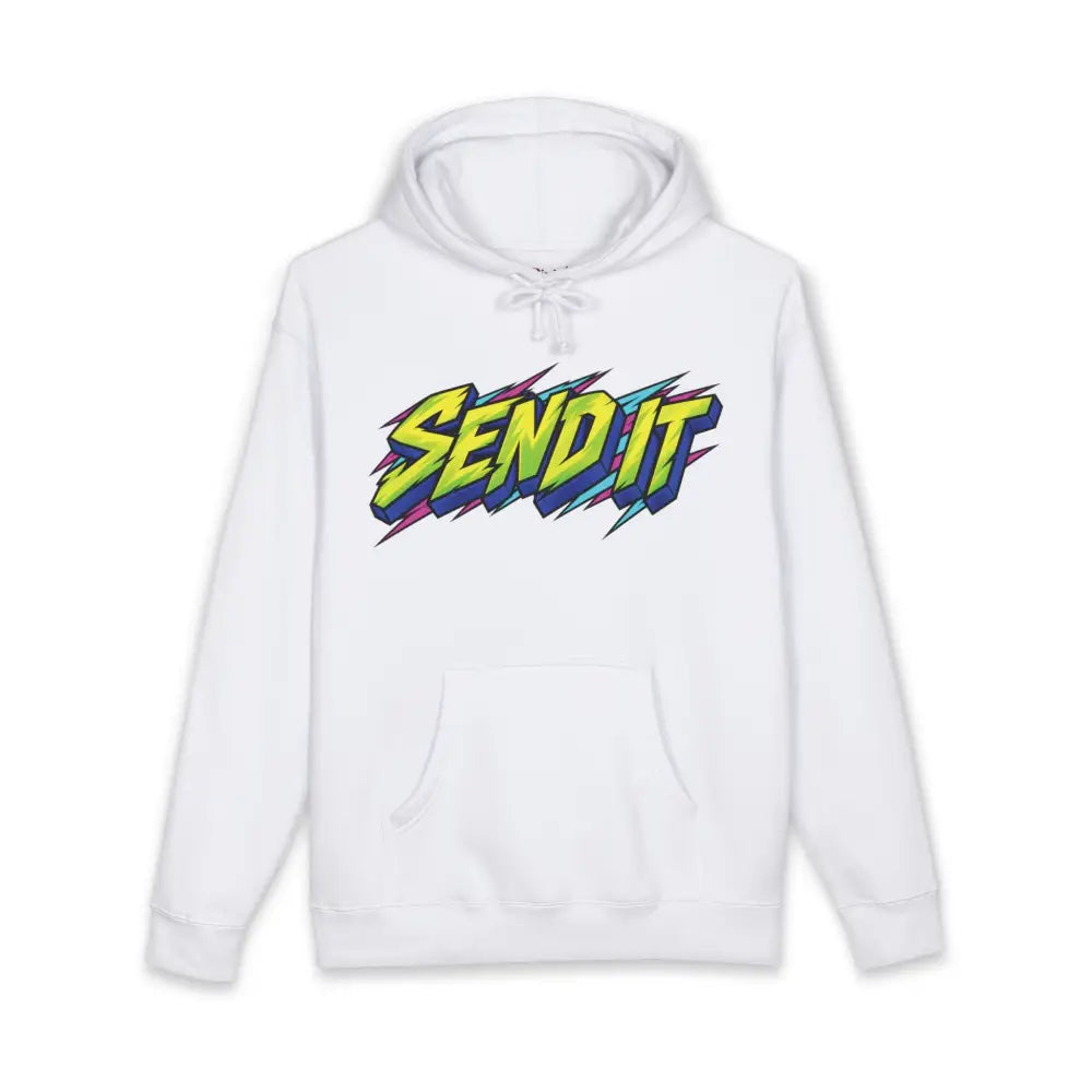 White heavyweight hooded sweatshirt featuring a colorful send it jet ski graphic with lightning bolt accents