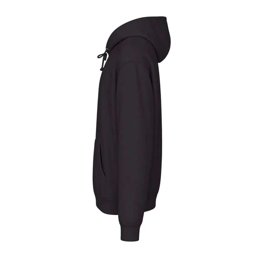 Black heavyweight hooded sweatshirt with drawstring and front pocket featuring jet ski graphic pullover design