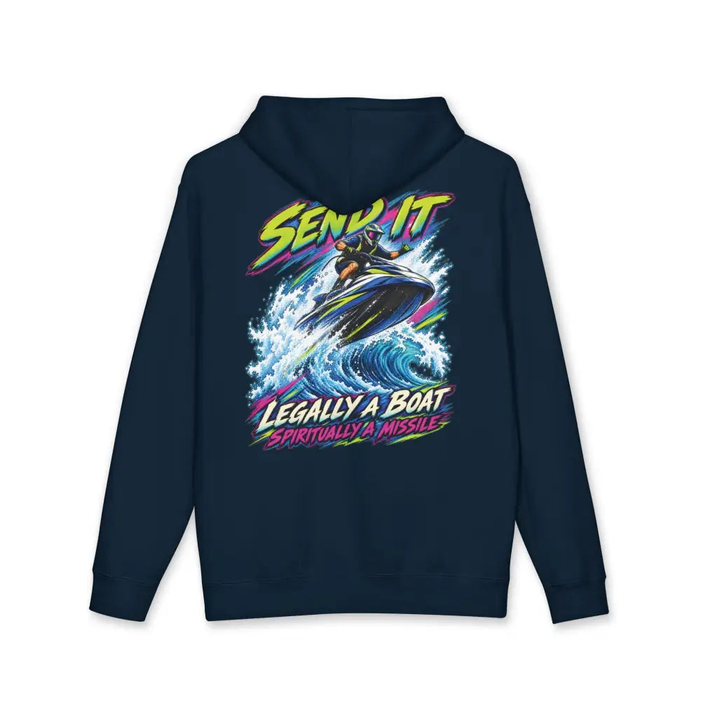 Navy blue heavyweight hooded sweatshirt featuring a colorful jet ski graphic with send it legally a boat spiritually a missile text