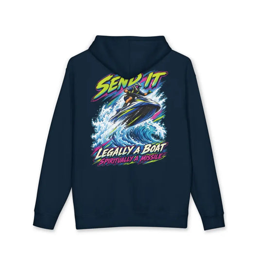 Navy blue heavyweight hooded sweatshirt featuring a colorful jet ski graphic with send it legally a boat spiritually a missile text