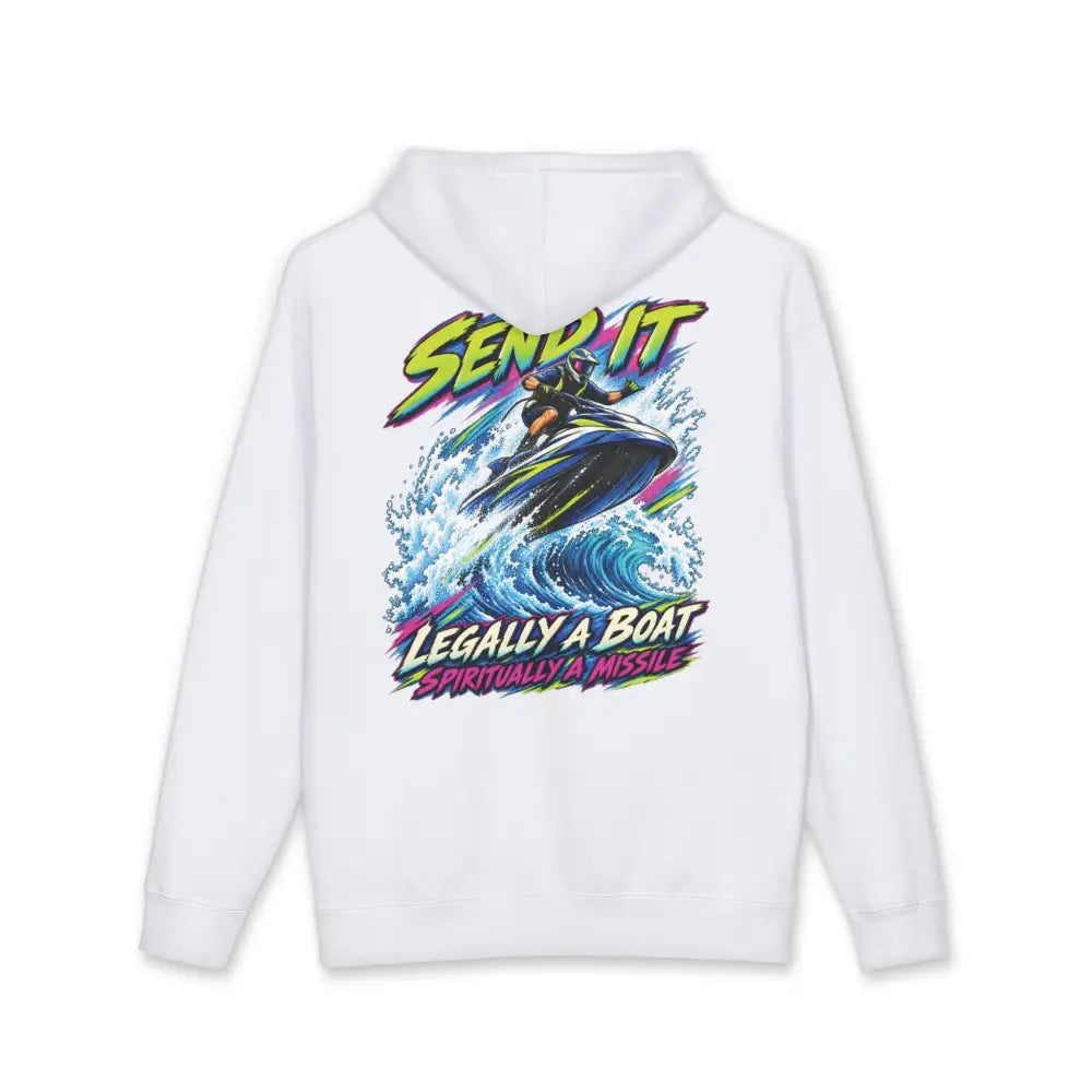 White heavyweight hooded sweatshirt featuring a colorful jet ski graphic with send it legally a boat spiritually a missile text