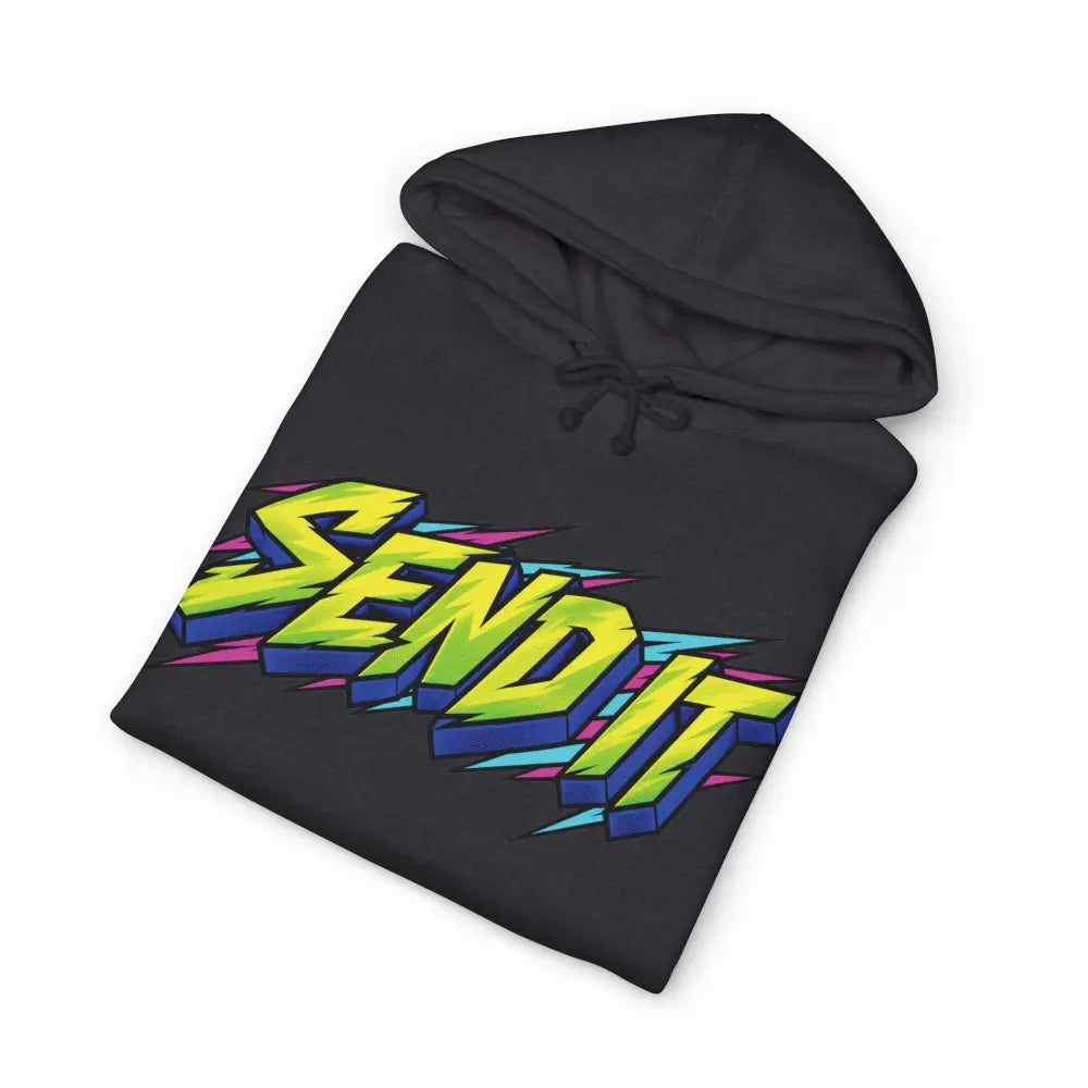Black heavyweight hooded sweatshirt featuring a neon yellow and blue send it jet ski graphic with pink and cyan lightning bolts