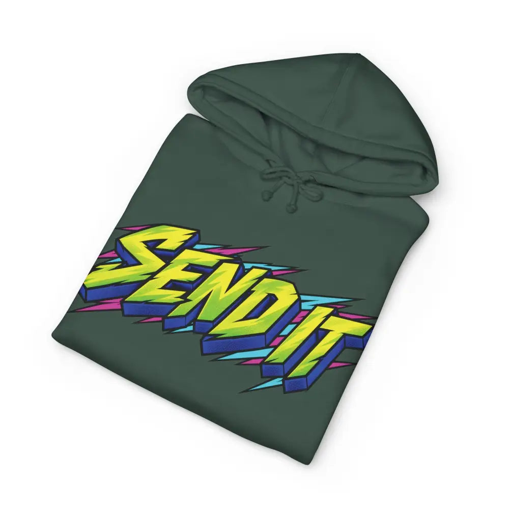 Dark green heavyweight hooded sweatshirt with bold neon send it jet ski graphic accented by pink and cyan lightning bolts