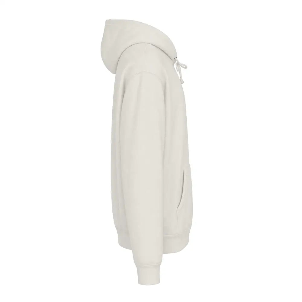 Cream-colored heavyweight hooded sweatshirt with soft textured fabric and matching drawstrings featuring jet ski graphic