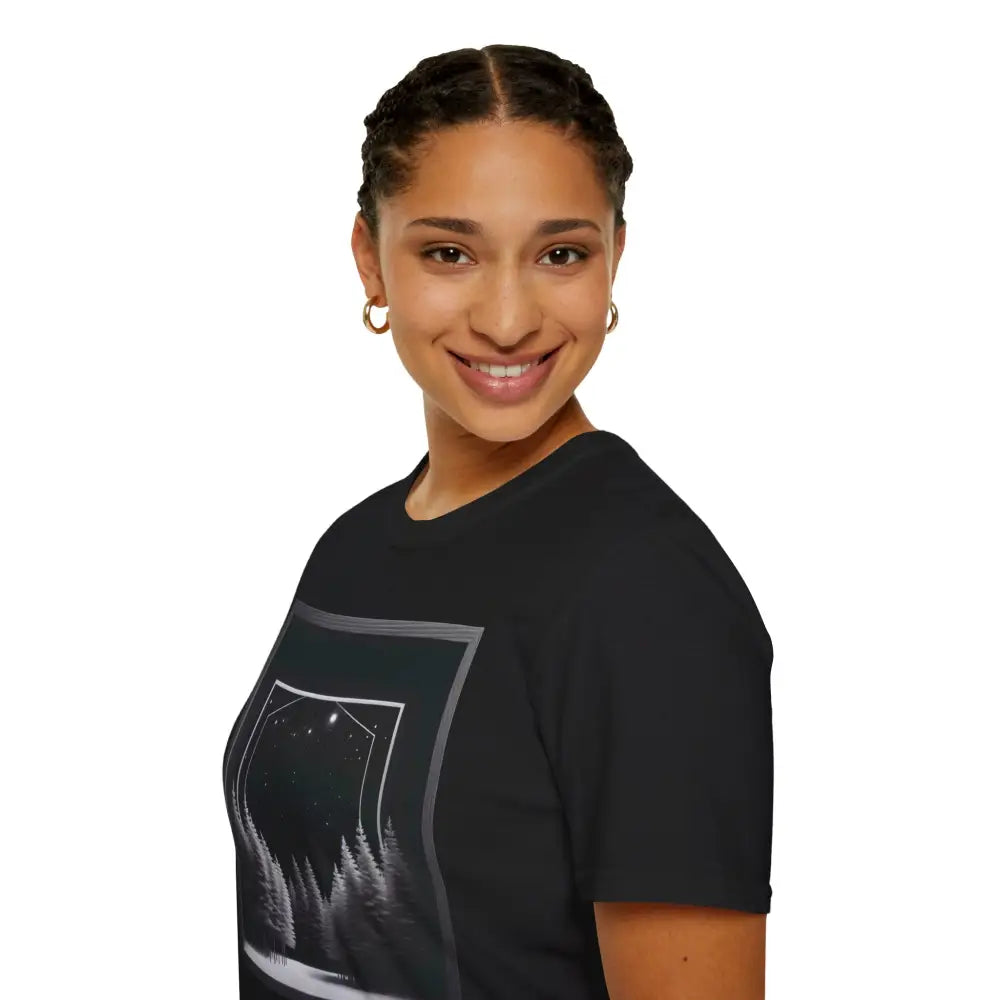 Black T-shirt with framed serene winter scene design for nature lovers and outdoor adventures