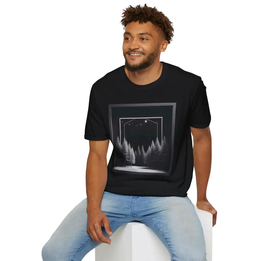 Black unisex T-shirt with a framed serene winter scene of a forest with stars for nature lovers