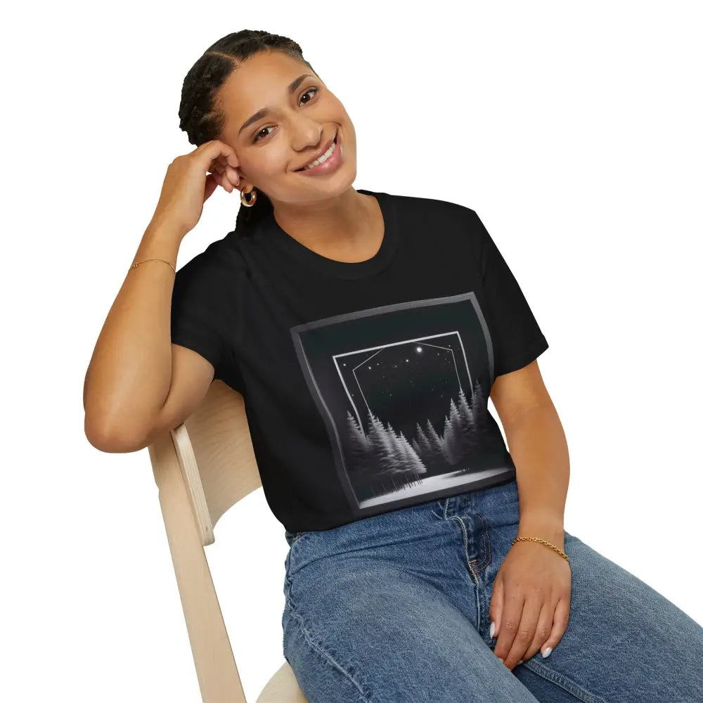 Woman in black T-shirt with forest design, perfect for outdoor adventures and nature lovers