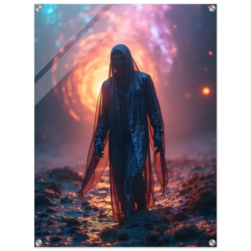 Cloaked figure standing before a cosmic portal wall art in PixiOnyx Acrylic Print design