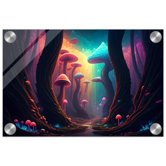 Vibrant mushroom forest art print from Shroom Bloom The Veil Beyond Acrylic Print PixiOnyx