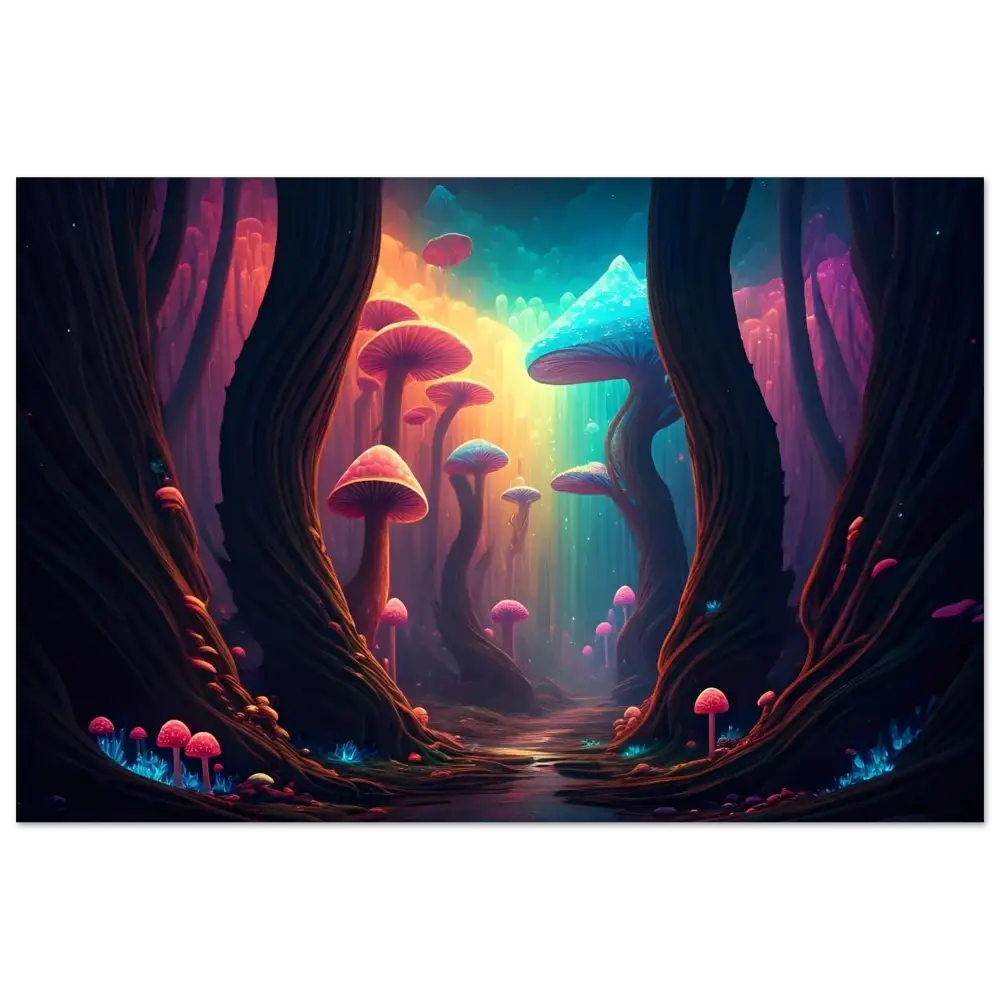 Surreal mushroom forest artwork on the Shroom Bloom Aluminum Print by PixiOnyx