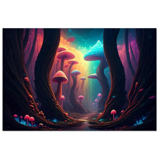 Surreal mushroom forest depicted on Shroom Bloom The Veil Beyond aluminum print by PixiOnyx
