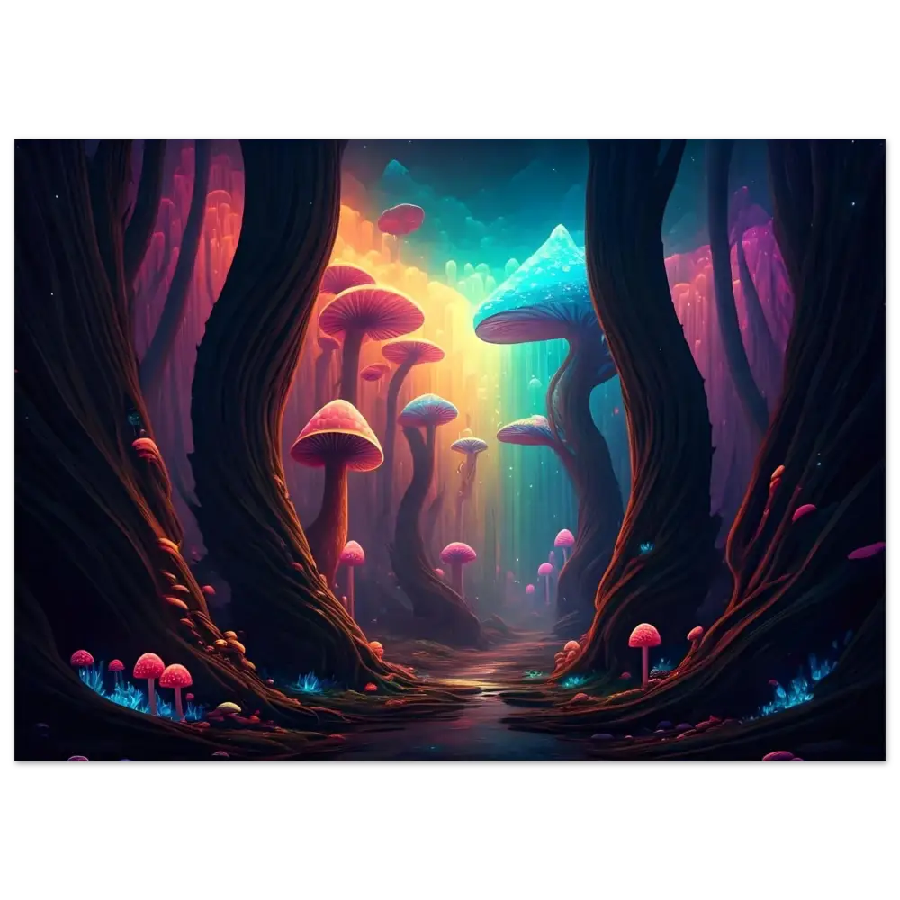 Surreal mushroom forest depicted on Shroom Bloom The Veil Beyond aluminum print