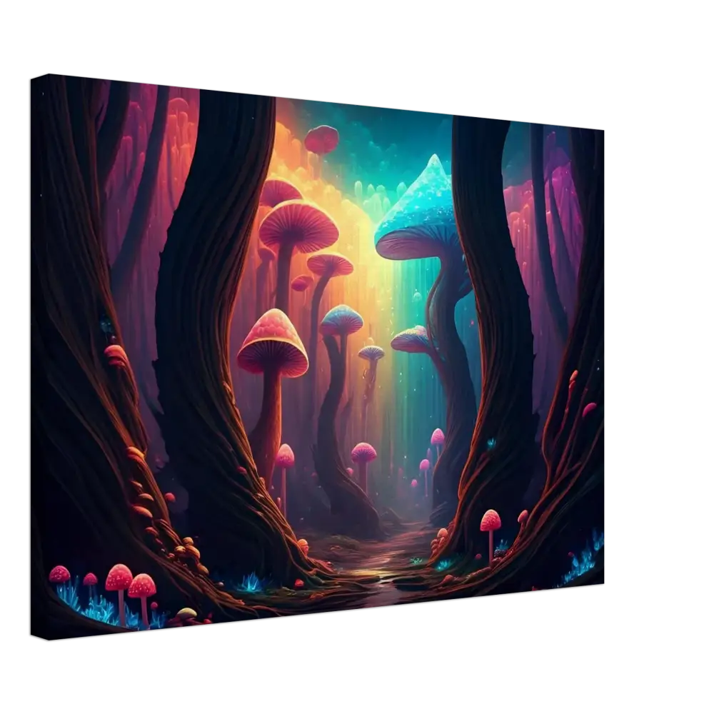Surreal mushroom forest scene from Shroom Bloom The Veil Beyond Canvas by PixiOnyx