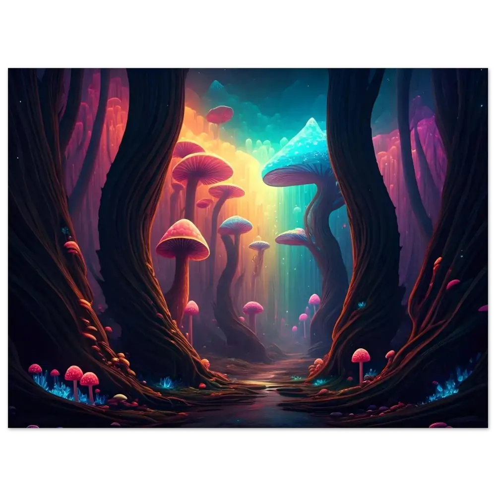 Colorful mushroom forest scene from Shroom Bloom The Veil Beyond Fine Art Poster