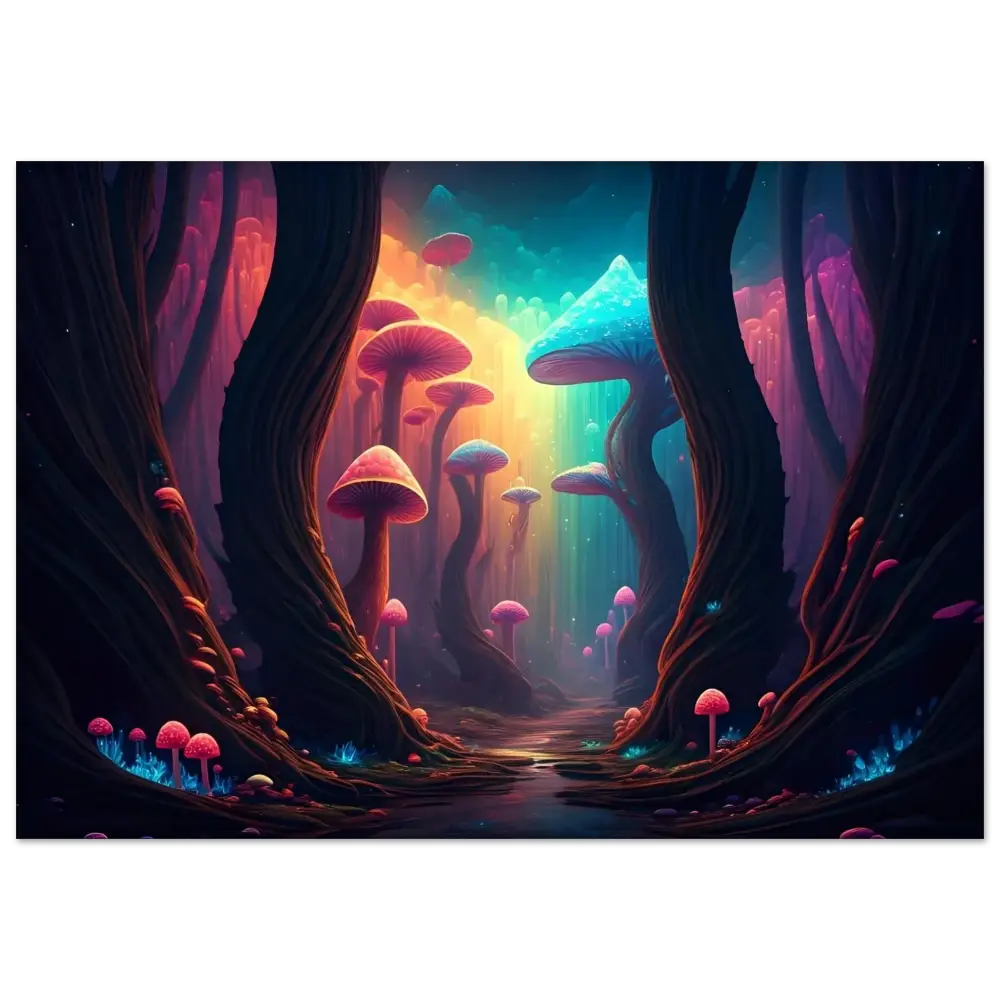 Whimsical mushroom forest art poster from Shroom Bloom The Veil Beyond by PixiOnyx
