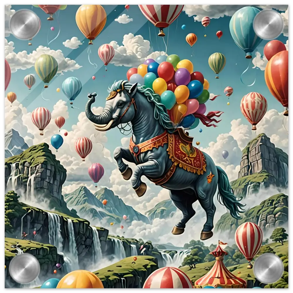 Fantasy horse-elephant hybrid with colorful balloons on Skybound Majesty acrylic print