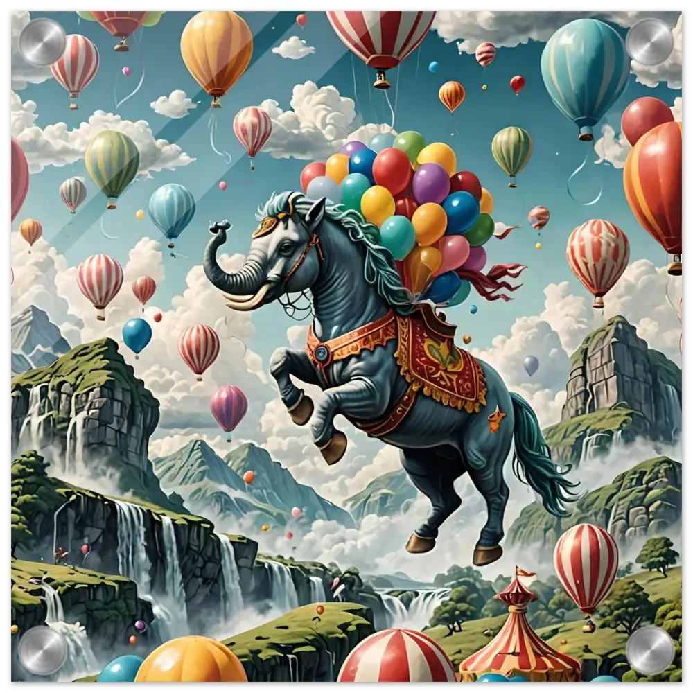Elephant-headed horse with colorful balloons on Skybound Majesty acrylic fantasy print