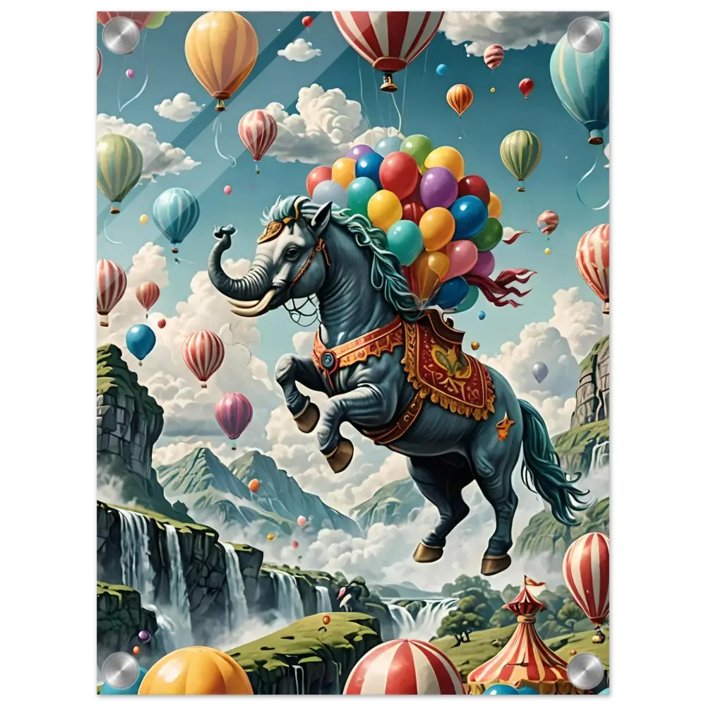 Elephant-headed horse with colorful balloons on Skybound Majesty Acrylic Fantasy Print