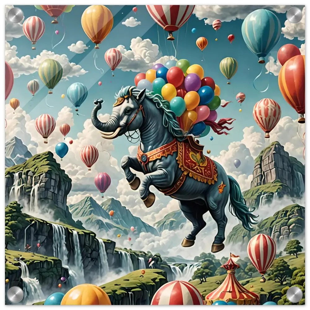 Elephant-headed horse with colorful balloons in Skybound Majesty acrylic fantasy print