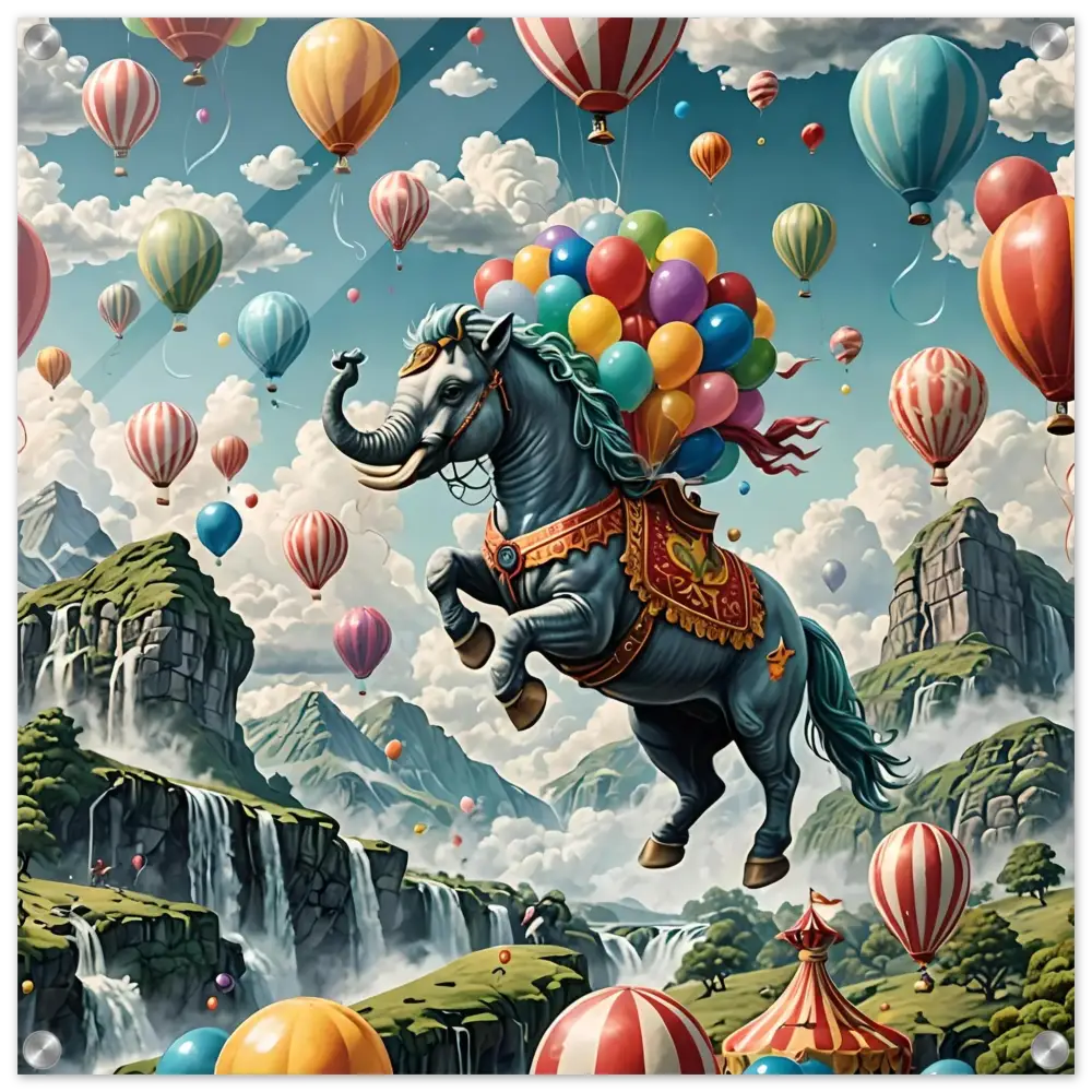 Fantasy horse-elephant hybrid with balloons on Skybound Majesty Acrylic Fantasy Print
