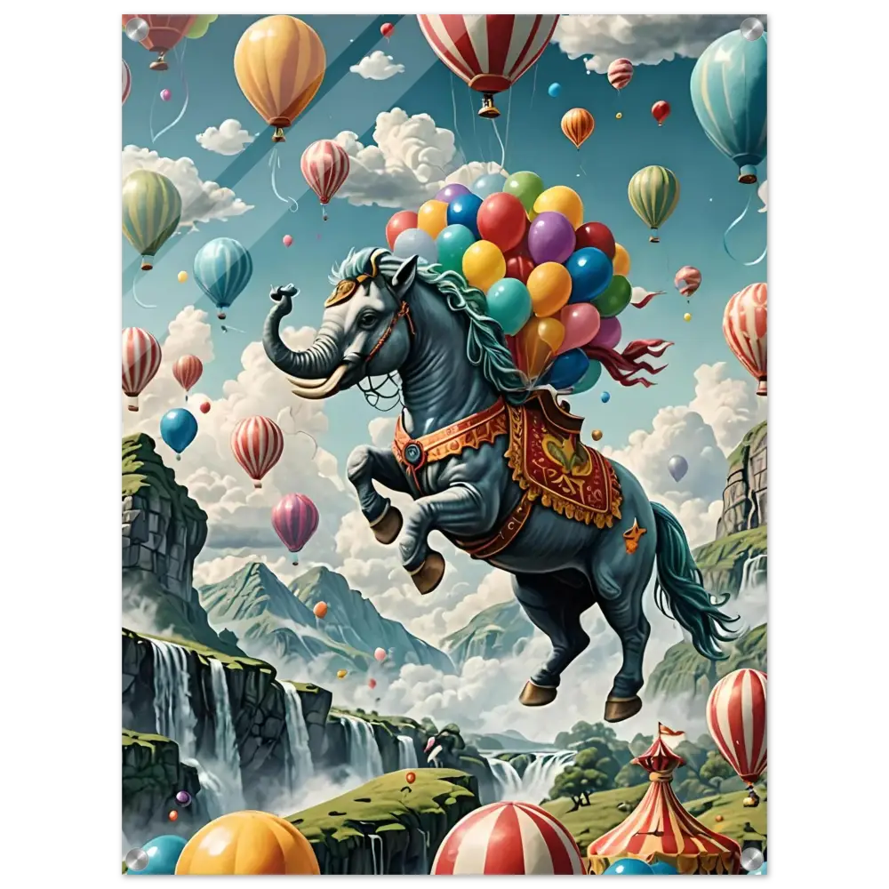 Fantasy horse-elephant hybrid with colorful balloons on Skybound Majesty acrylic print