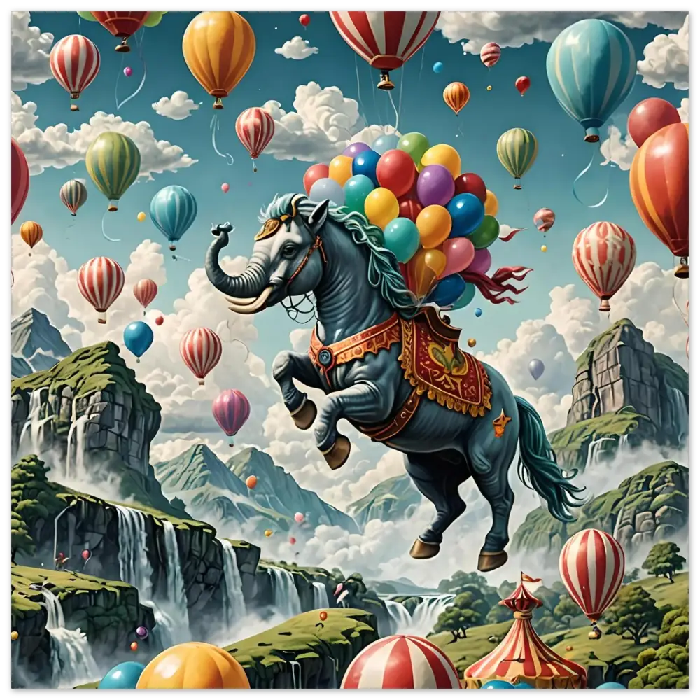 Fantasy horse-elephant hybrid with colorful balloons in Skybound Majesty aluminum print