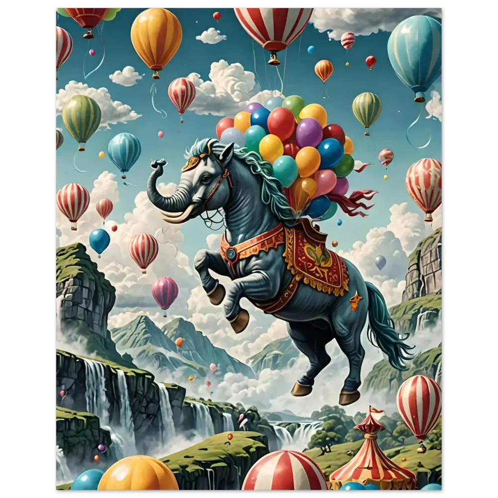 Fantasy horse-elephant hybrid soaring with colorful balloons in Skybound Majesty Aluminum Print