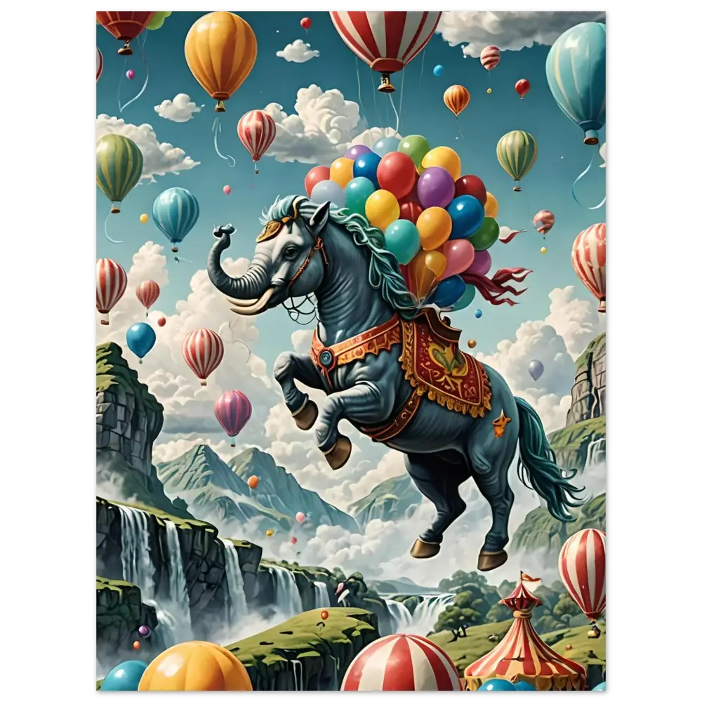 Fantasy horse-elephant hybrid with colorful balloons on Skybound Majesty Fantasy Print