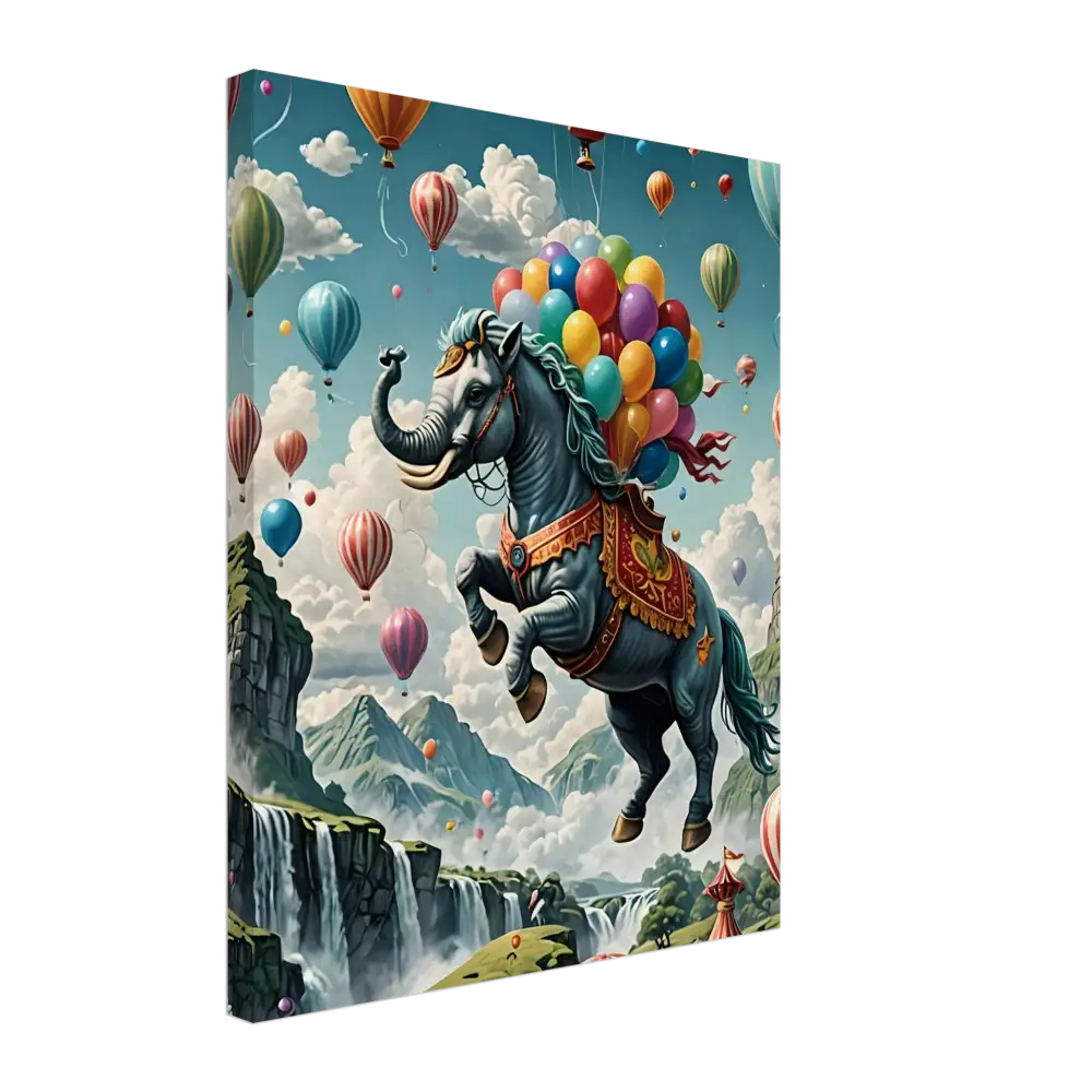 Fantasy elephant-horse hybrid with balloons on Skybound Majesty fantasy canvas art