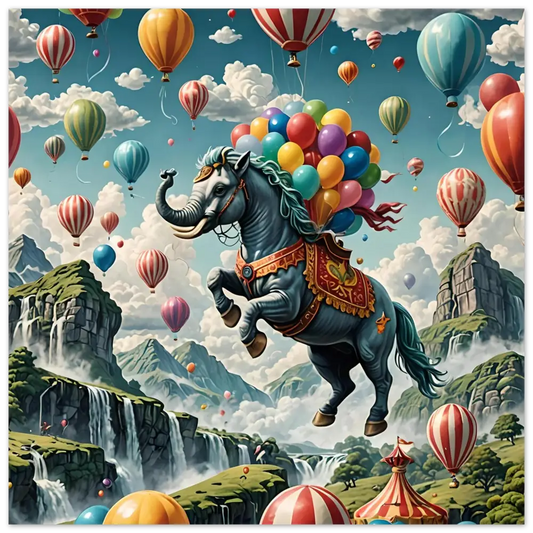 Fantasy horse-elephant hybrid with balloons in Skybound Majesty Fine Art Fantasy Poster