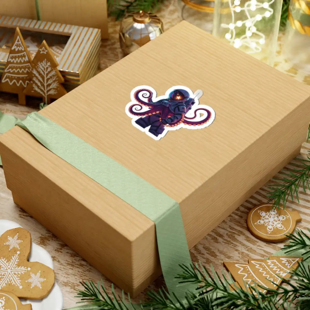 Gift-wrapped box with sticker featuring Space Octonaut Galactic Octopus Astronaut decal