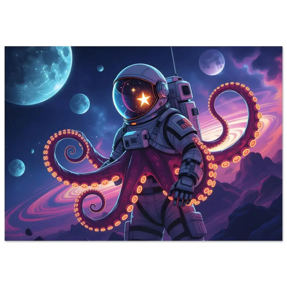 Astronaut with octopus tentacles in cosmic setting on Space Octonaut Poster by PixiOnyx