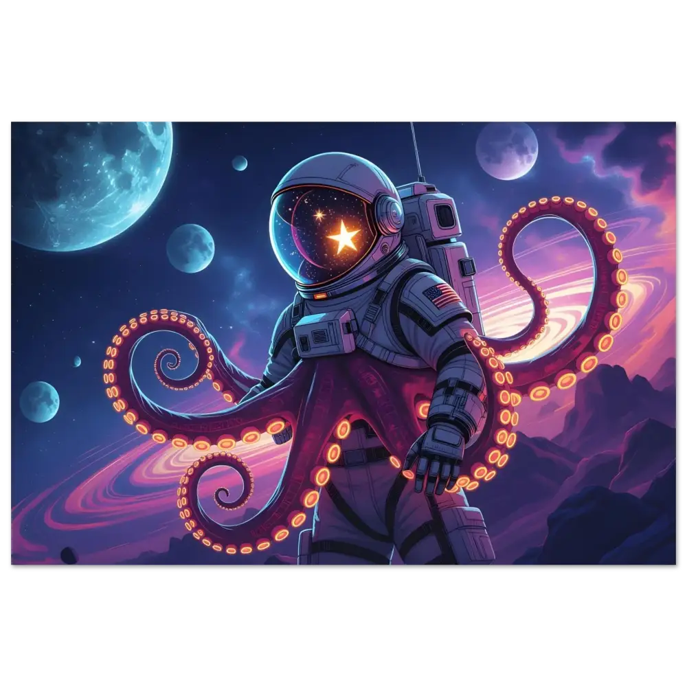 Astronaut with colorful octopus tentacles in Space Octonaut Poster by PixiOnyx